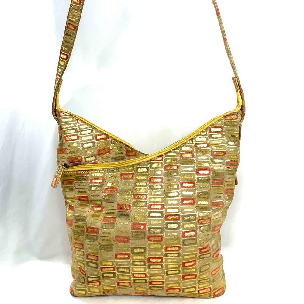 Ohh! Ashley Gold Pink Gray Cream Rectangles Leather Crossbody Bag Purse Rare